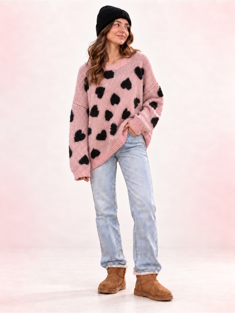 🐻❄️🌸🖤 Pink Marshmallow Sweater with Black Hearts
